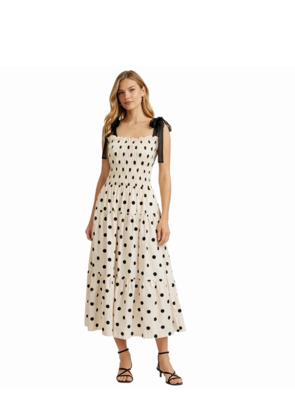 En Saison Cream Black Polka Dot Smocked Tiered Midi Dress Ribbon Bows- Sz. Large
